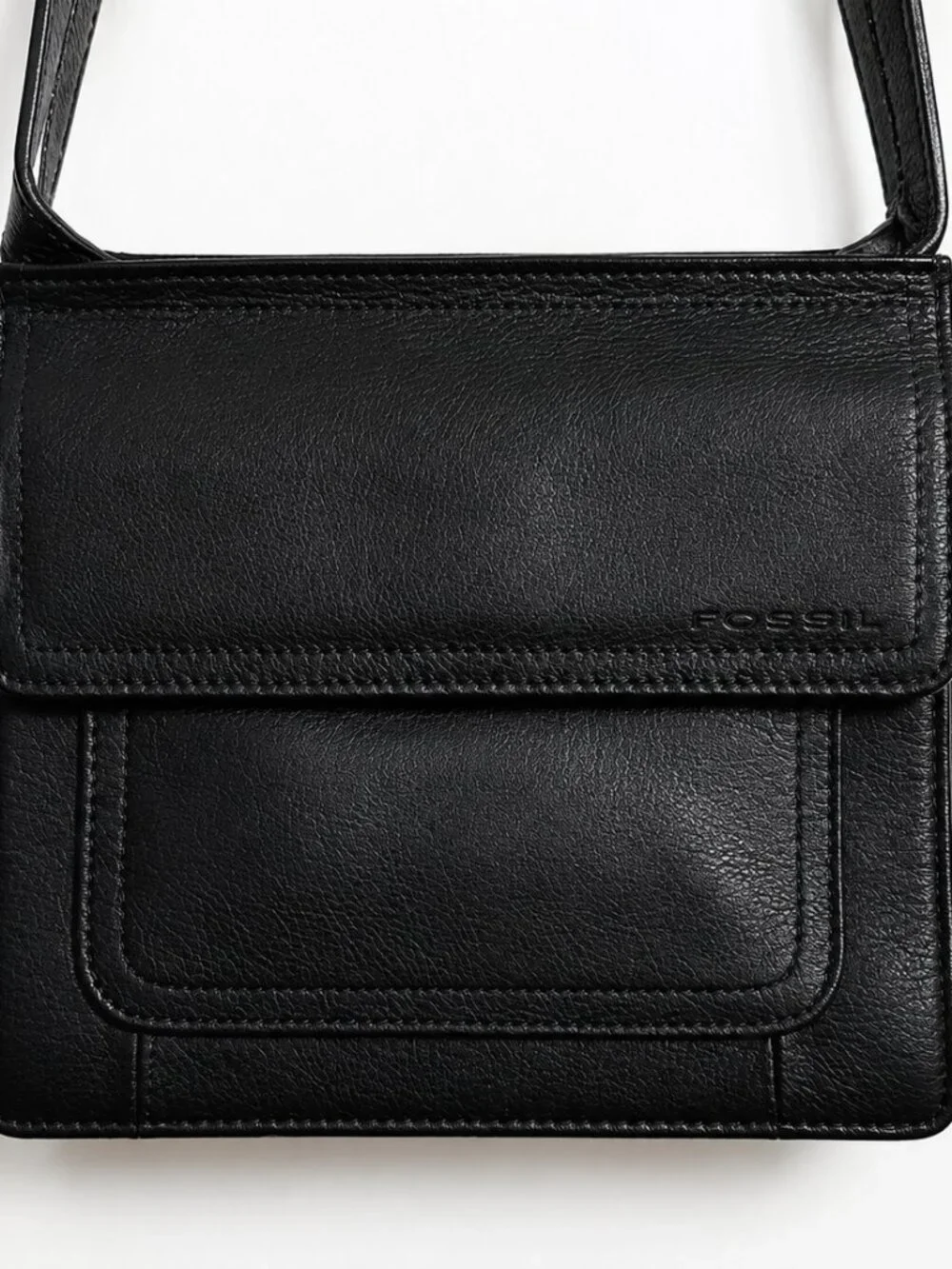 Vintage Fossil Black Leather Crossbody Organizer Wallet Purse